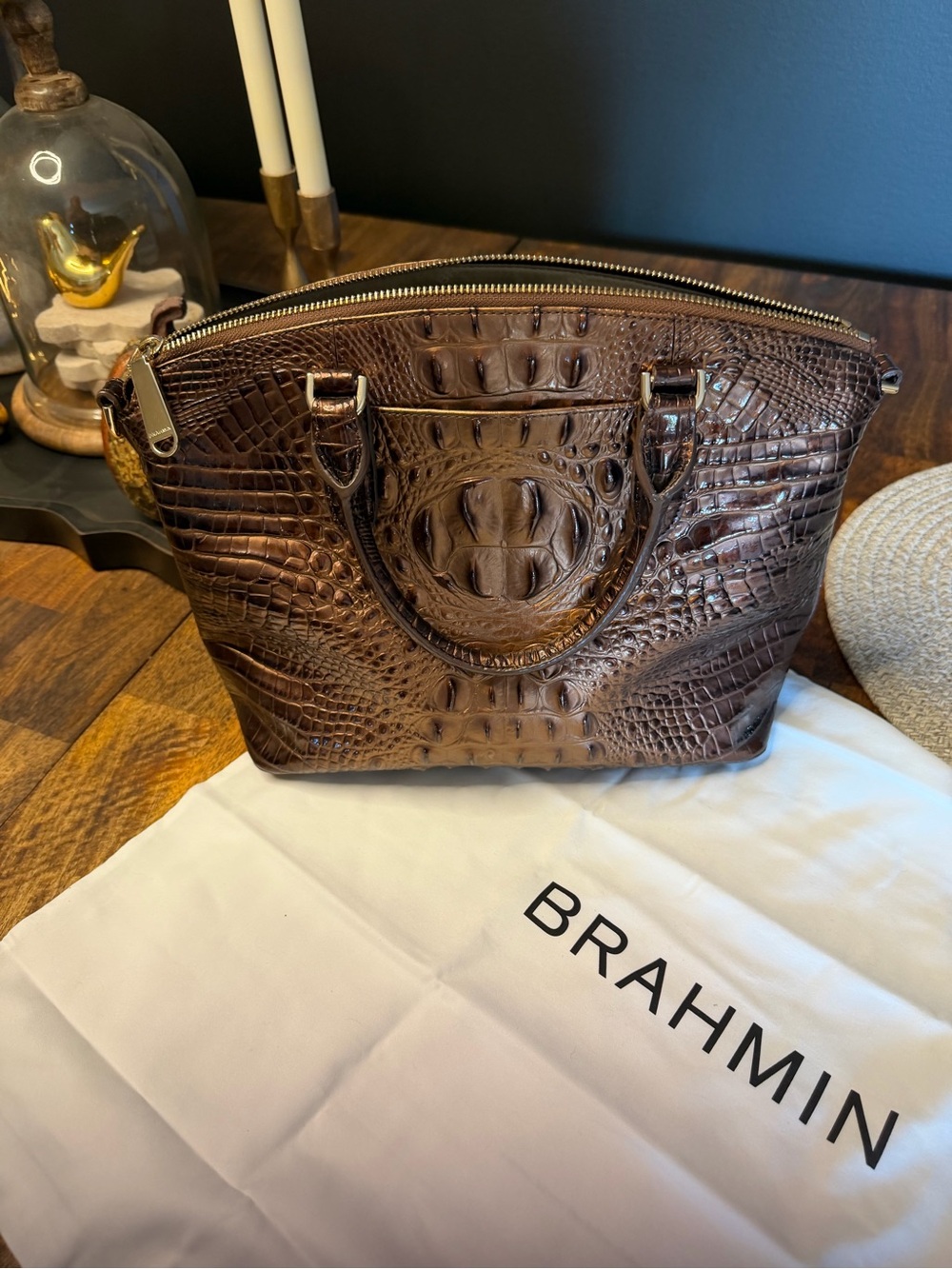 Brahmin Dark Brown Croc-Embossed Leather Satchel - Picture 2 of 8
